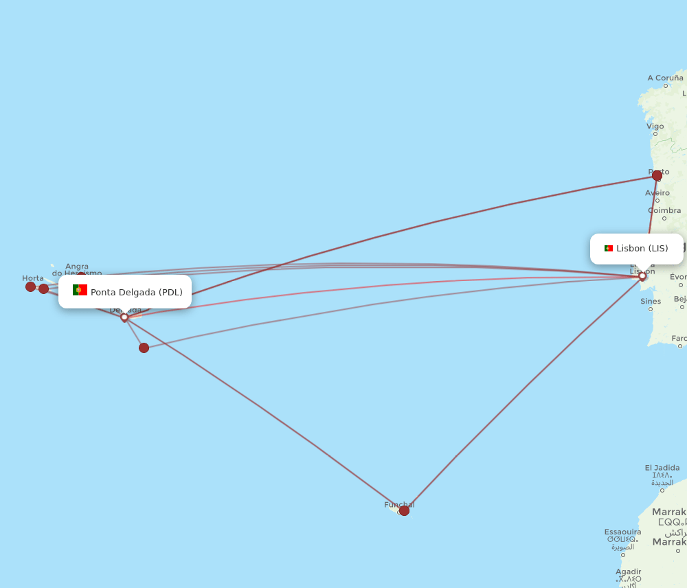 PDL to LIS flights and routes map