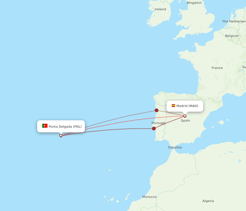 PDL to MAD flights and routes map