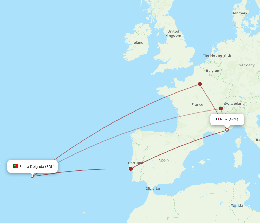 PDL to NCE flights and routes map