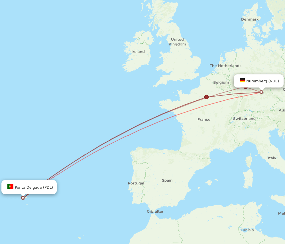 PDL to NUE flights and routes map