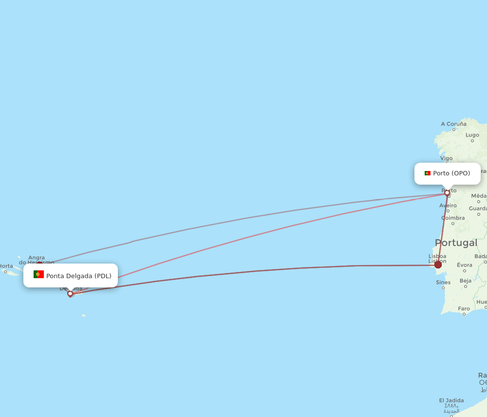 PDL to OPO flights and routes map