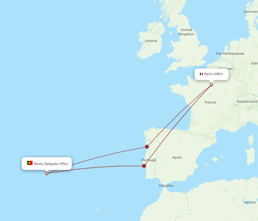 PDL to ORY flights and routes map