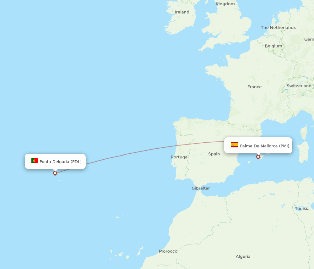 PDL to PMI flights and routes map