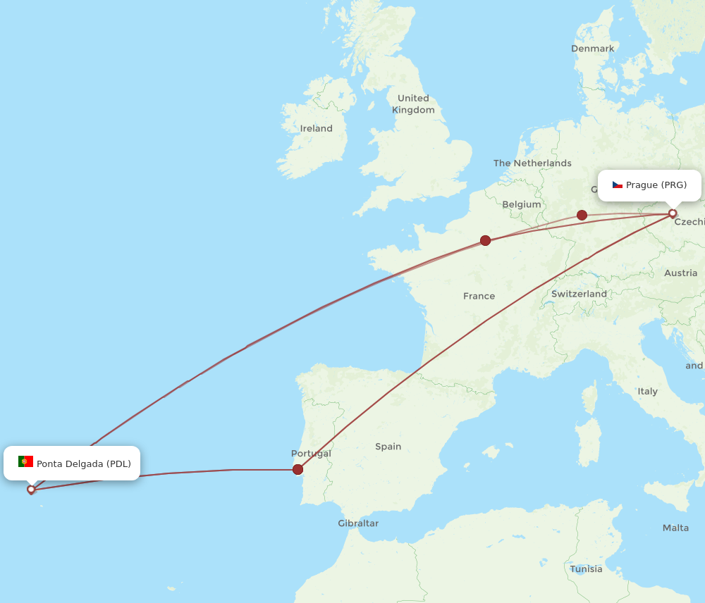 PDL to PRG flights and routes map