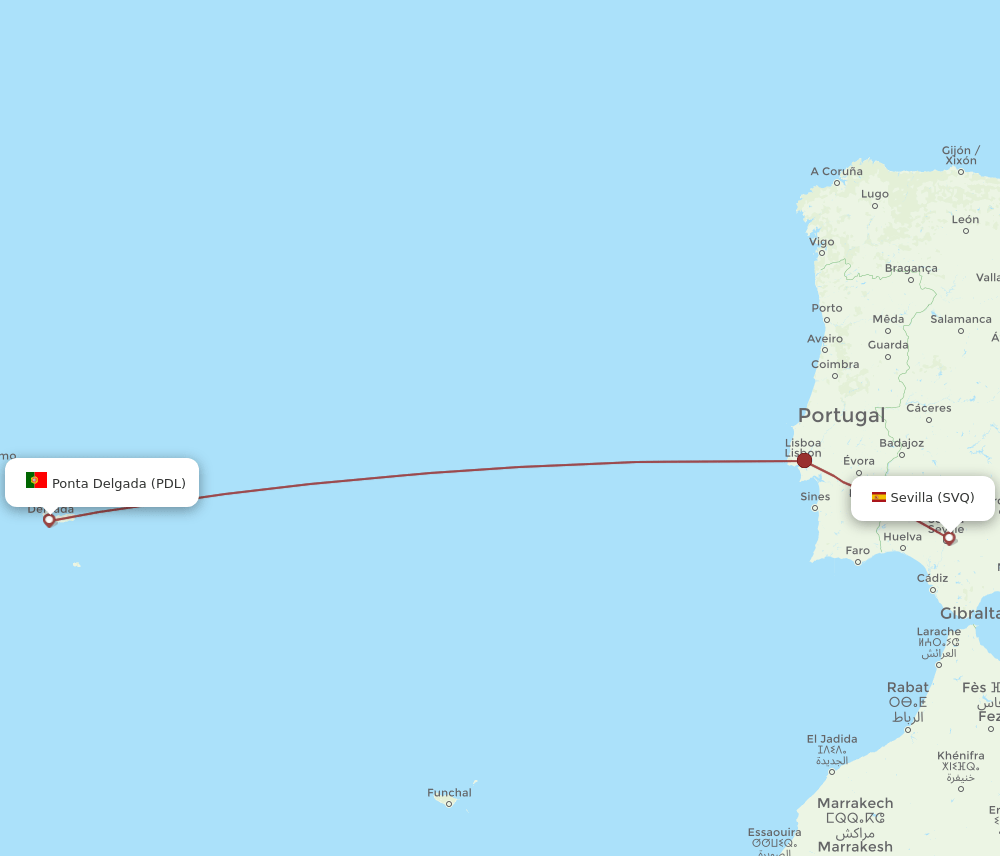 PDL to SVQ flights and routes map