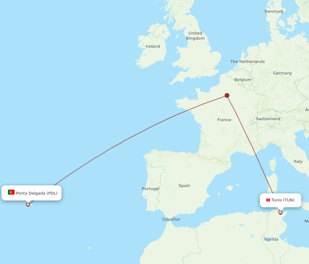 Tunis - Ponta Delgada (Azores) route map and flight paths