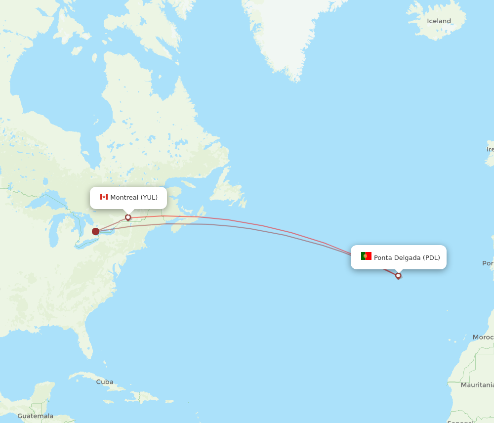 PDL to YUL flights and routes map