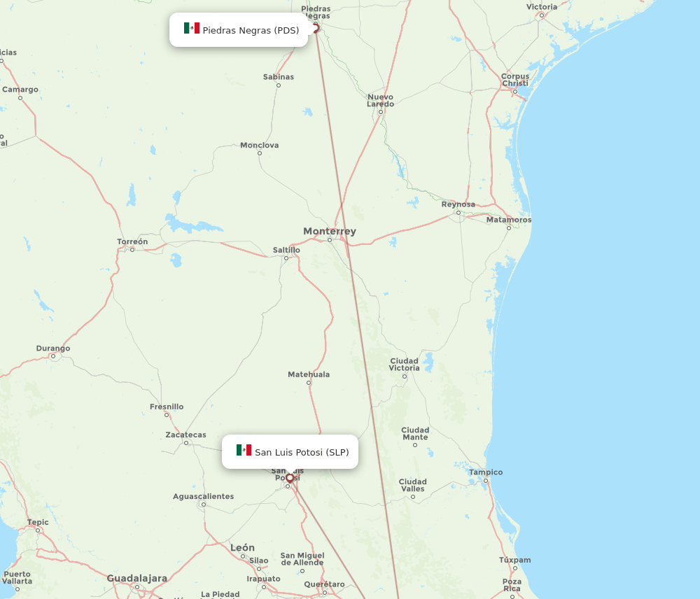 San Luis Potosi - Piedras Negras route map and flight paths