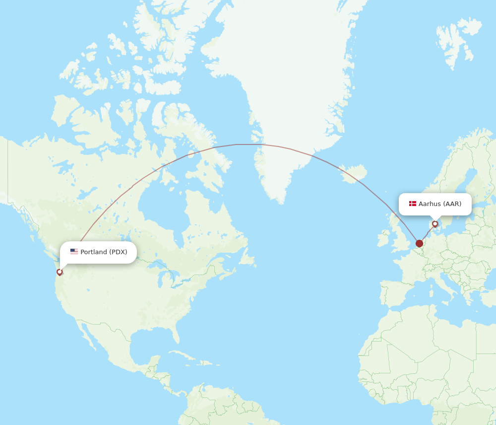 Portland - Aarhus route map and flight paths