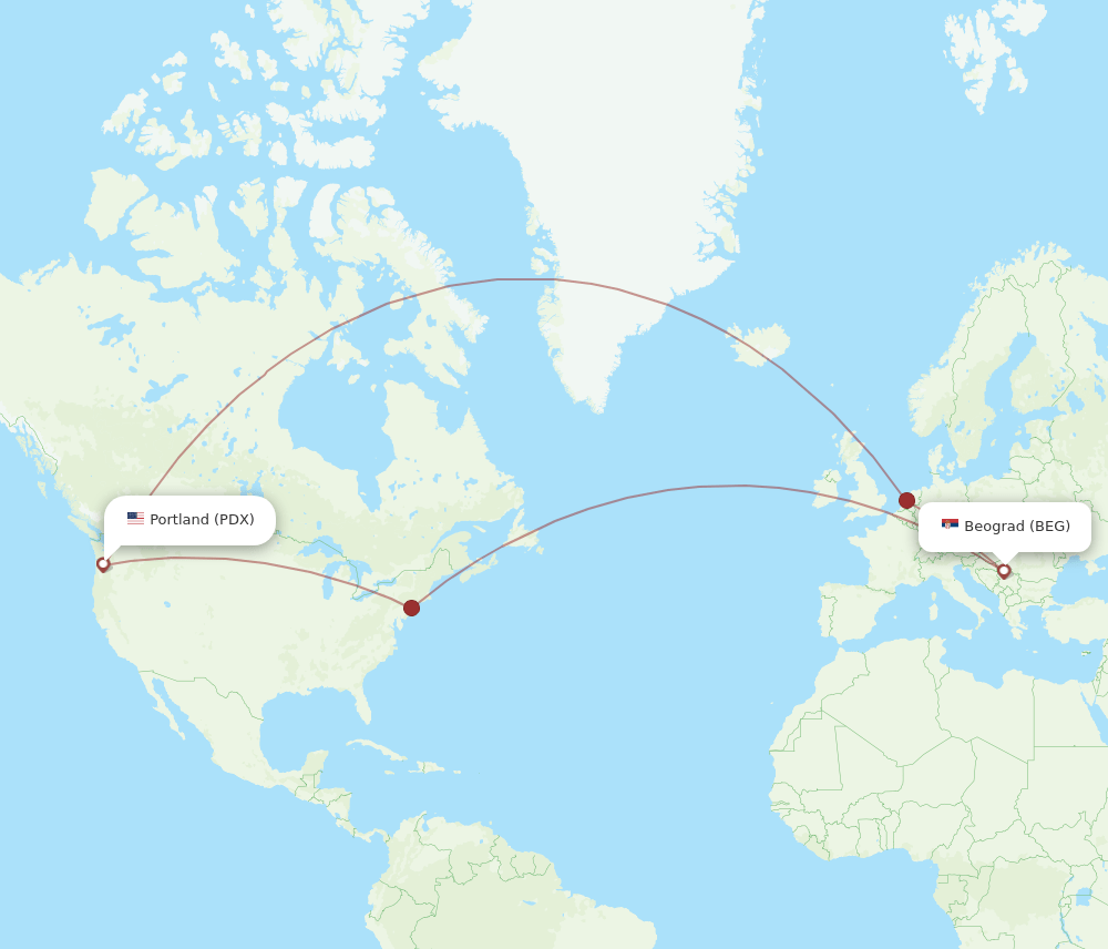 PDX to BEG flights and routes map