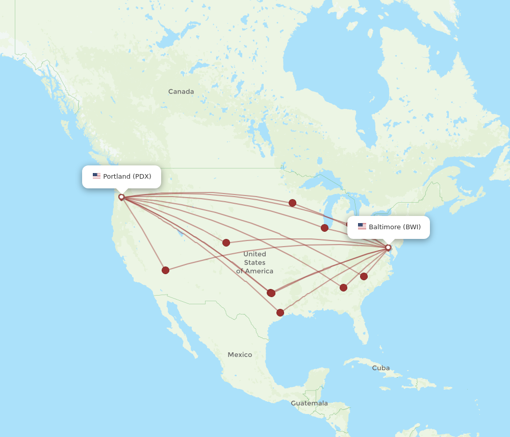 PDX to BWI flights and routes map