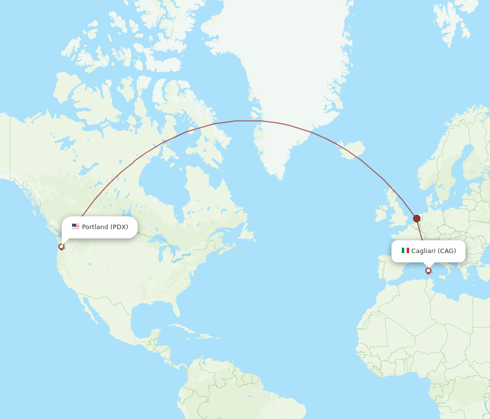 Cagliari - Portland route map and flight paths