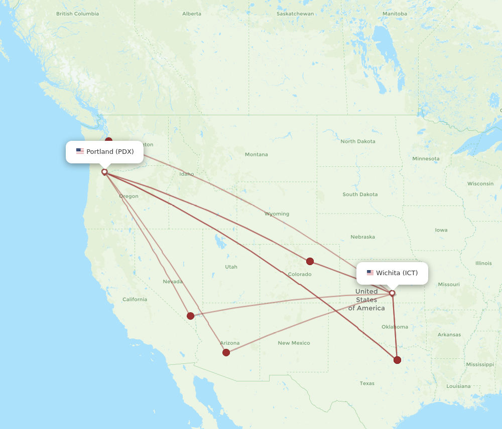 PDX to ICT flights and routes map