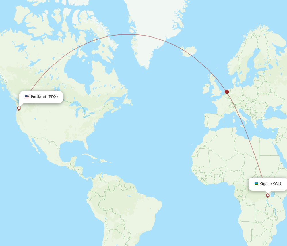 PDX to KGL flights and routes map