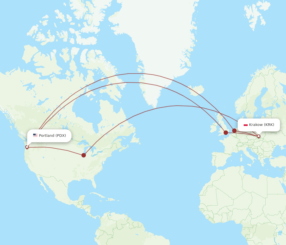 PDX to KRK flights and routes map