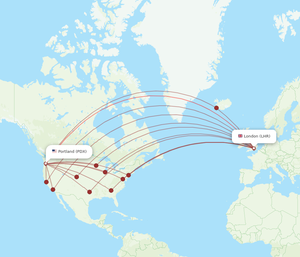 PDX to LHR flights and routes map