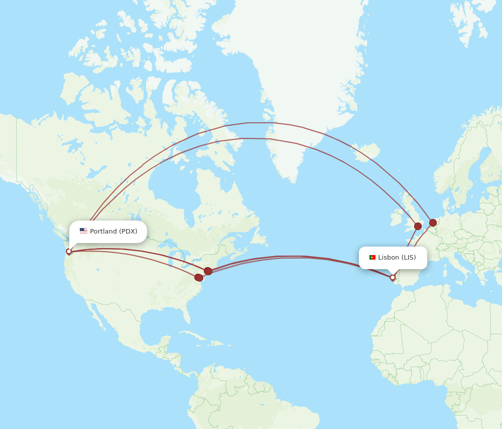 PDX to LIS flights and routes map