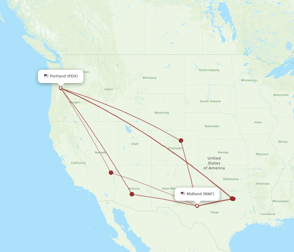 PDX to MAF flights and routes map