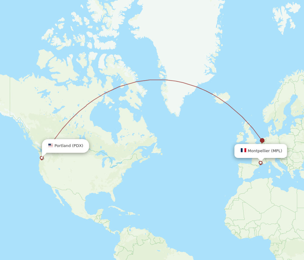 Montpellier - Portland route map and flight paths