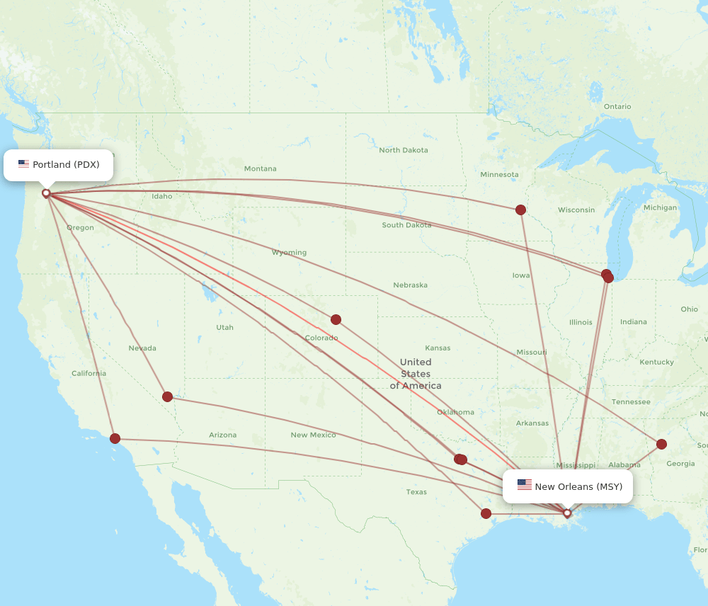 PDX to MSY flights and routes map