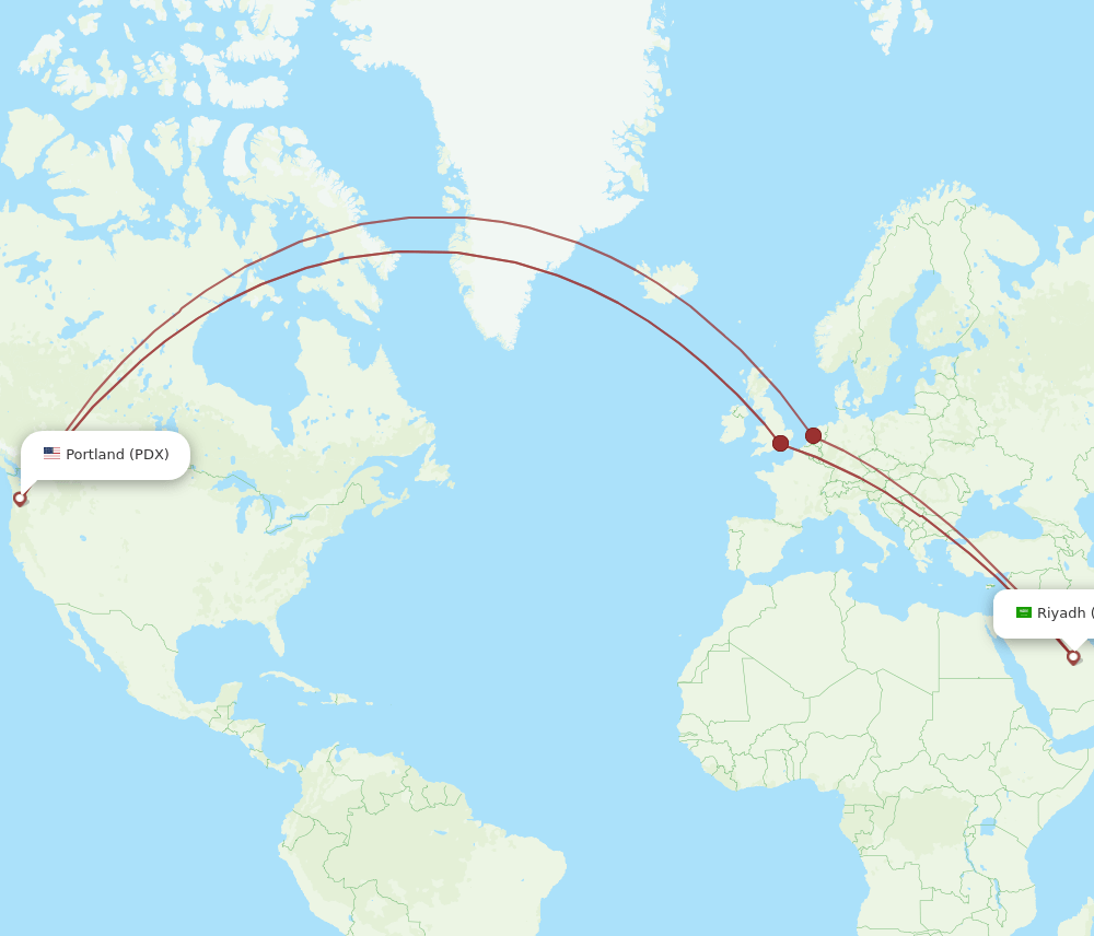 PDX to RUH flights and routes map
