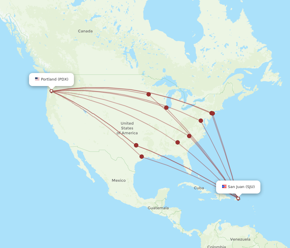 PDX to SJU flights and routes map