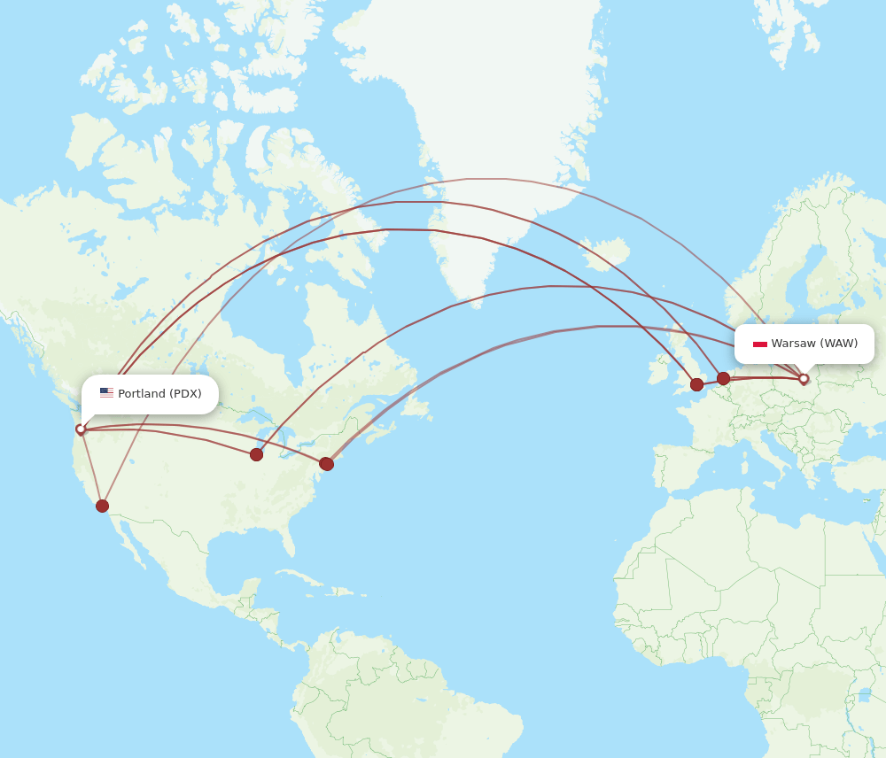 PDX-WAW flight routes