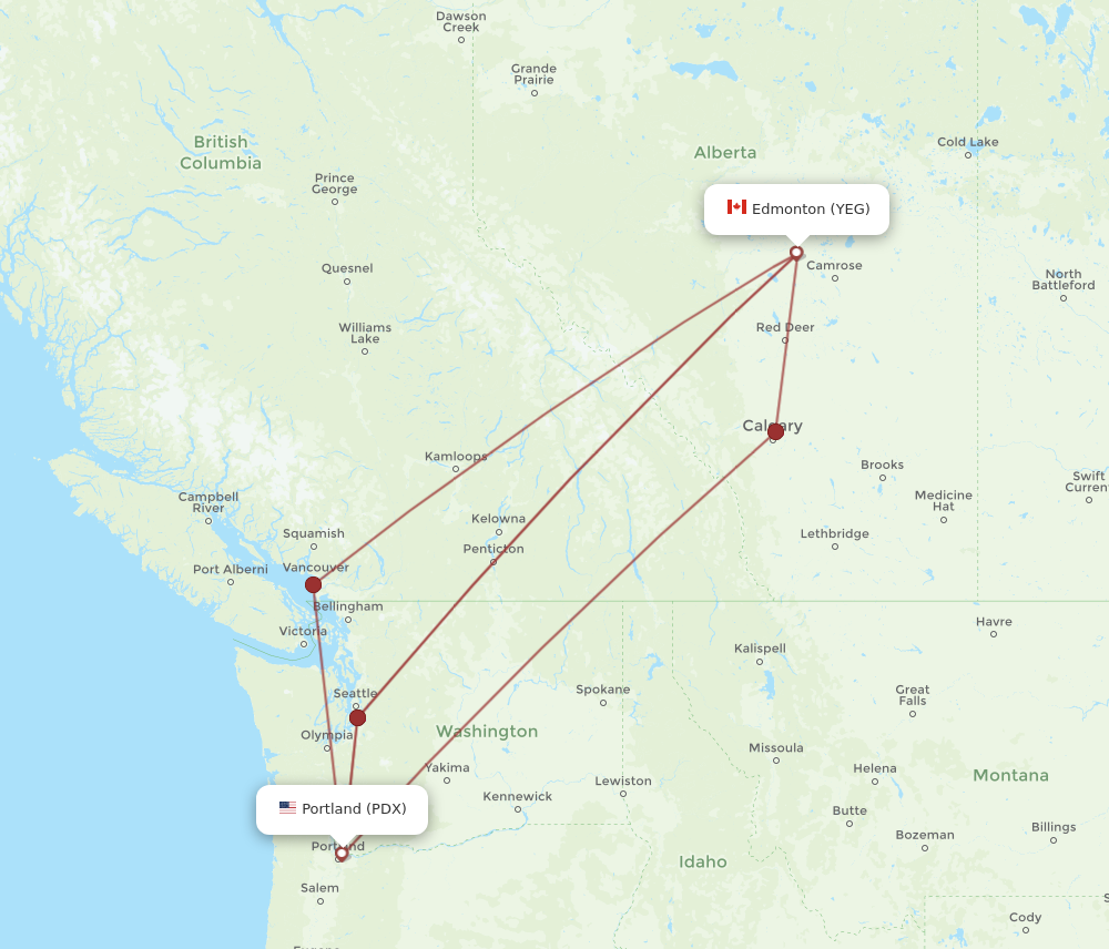 PDX to YEG flights and routes map