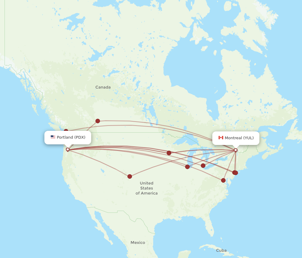 PDX to YUL flights and routes map