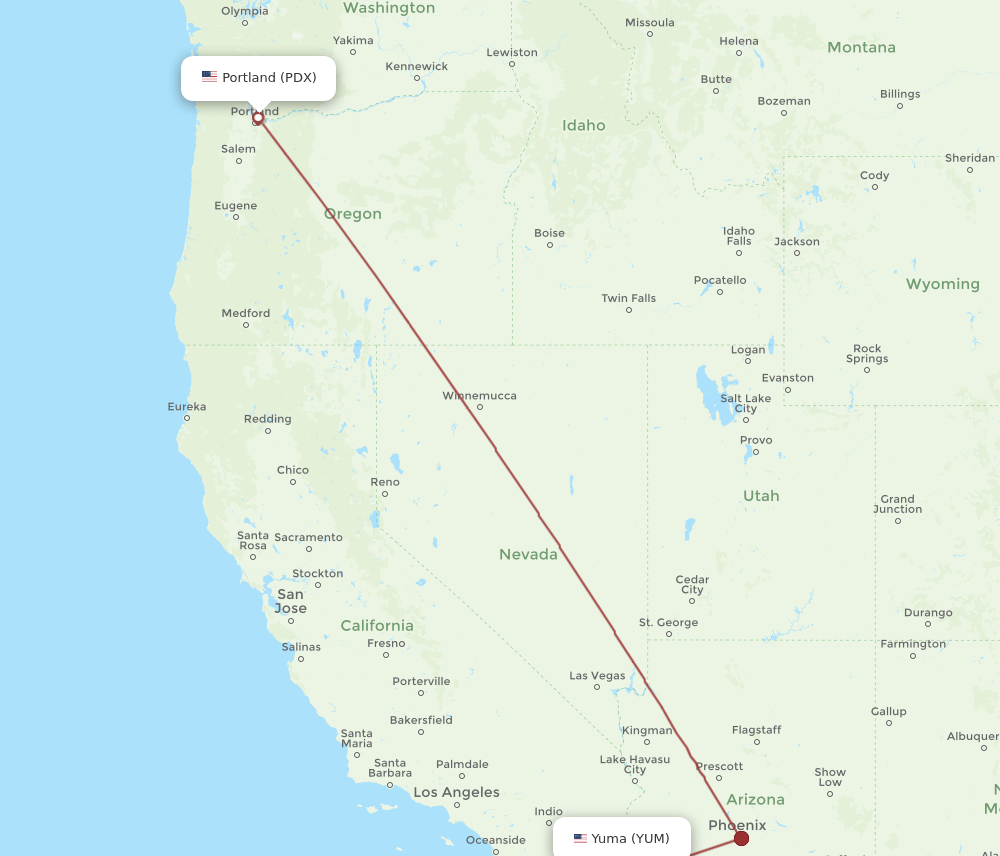 Yuma - Portland route map and flight paths