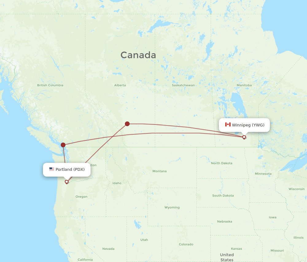 Winnipeg - Portland route map and flight paths