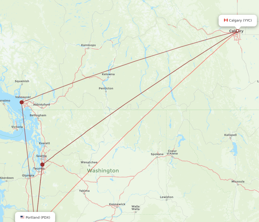 PDX to YYC flights and routes map