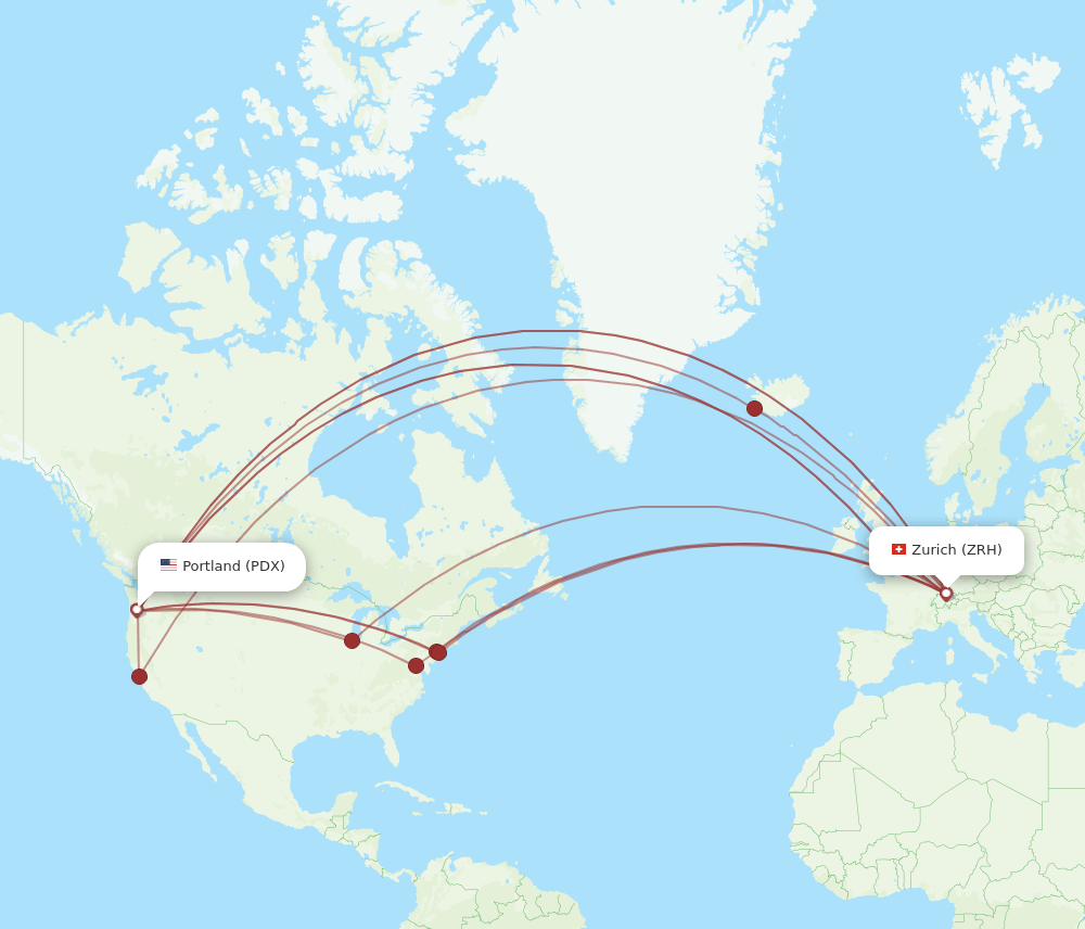 Zurich - Portland route map and flight paths