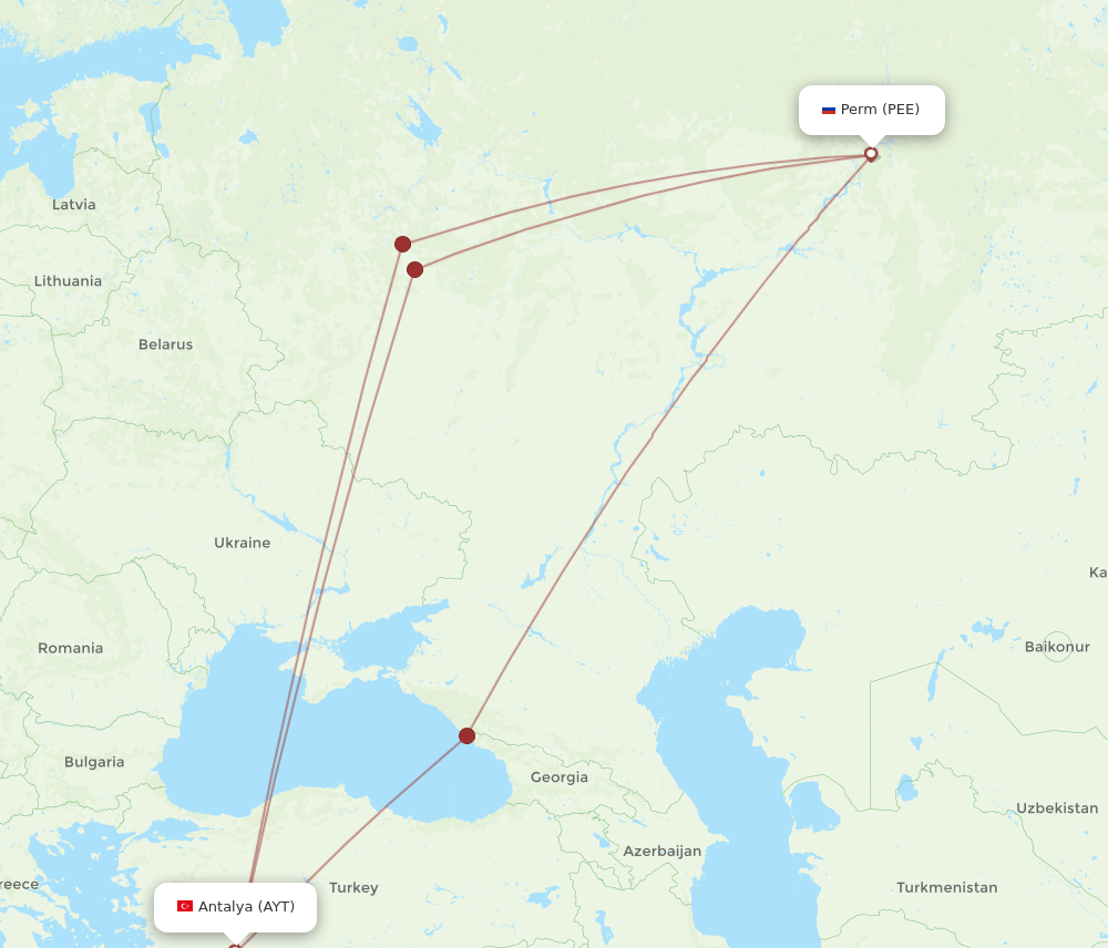 PEE to AYT flights and routes map