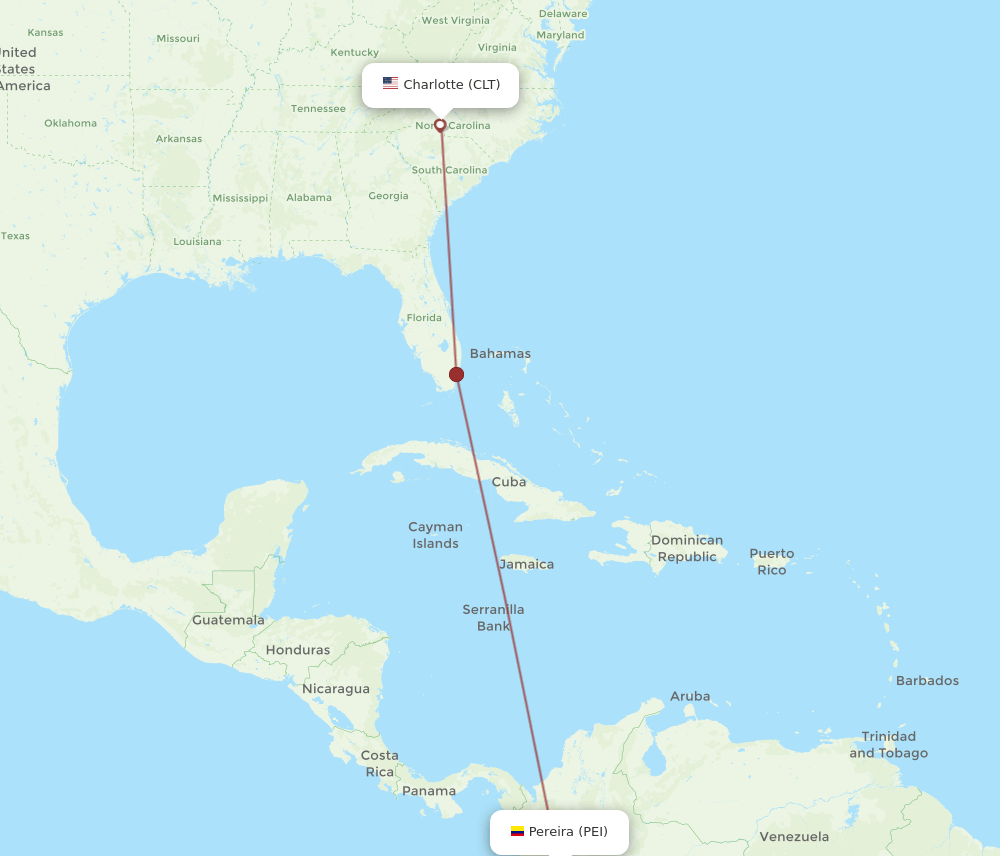 Pereira - Charlotte route map and flight paths