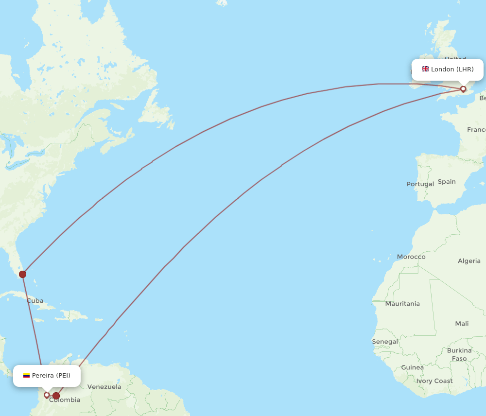 PEI to LHR flights and routes map