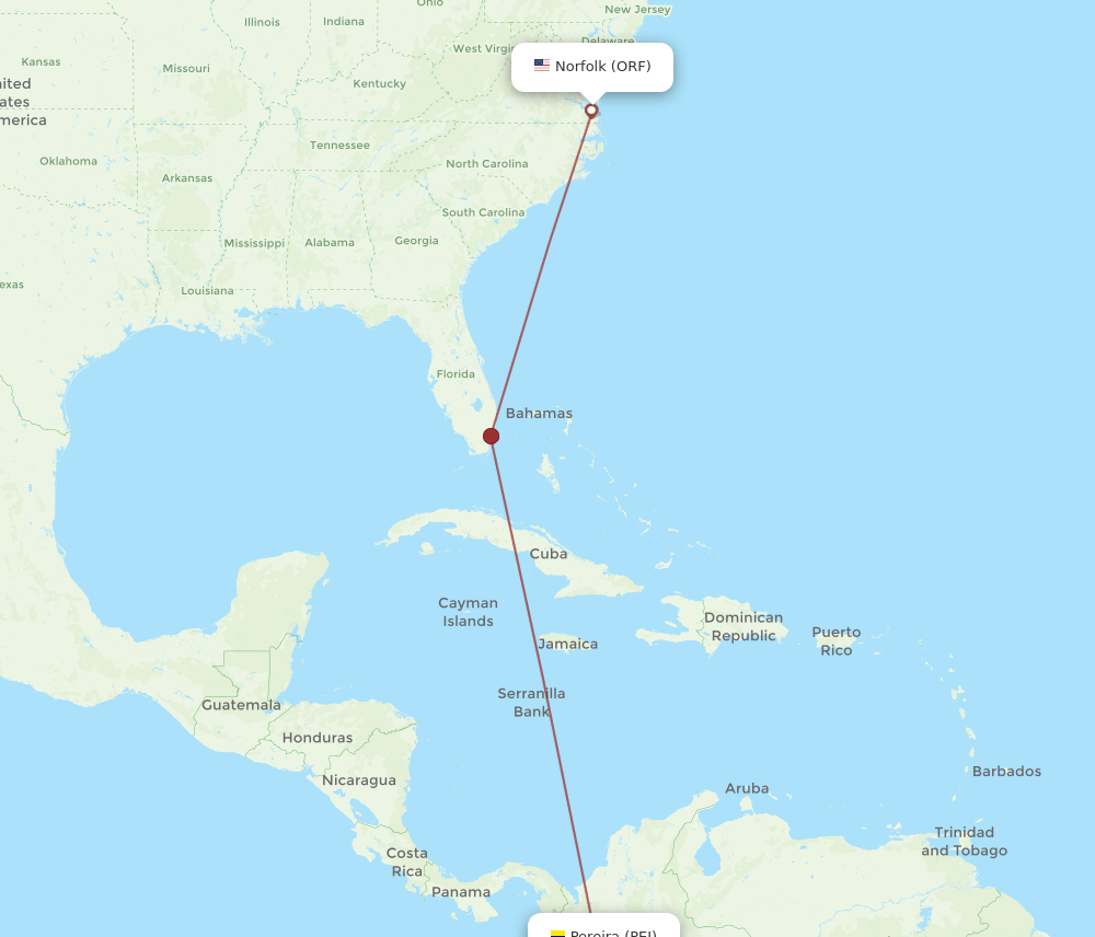 Pereira - Norfolk route map and flight paths