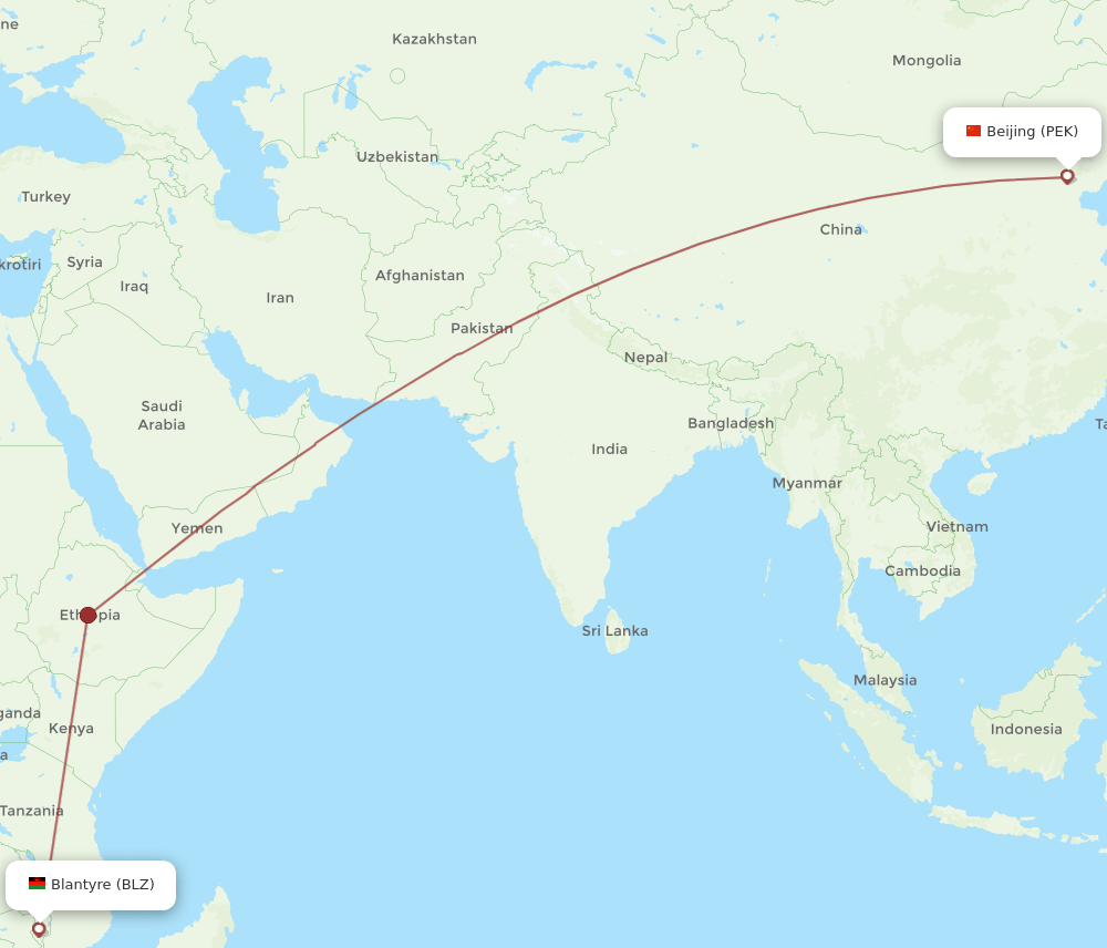 Blantyre - Beijing route map and flight paths