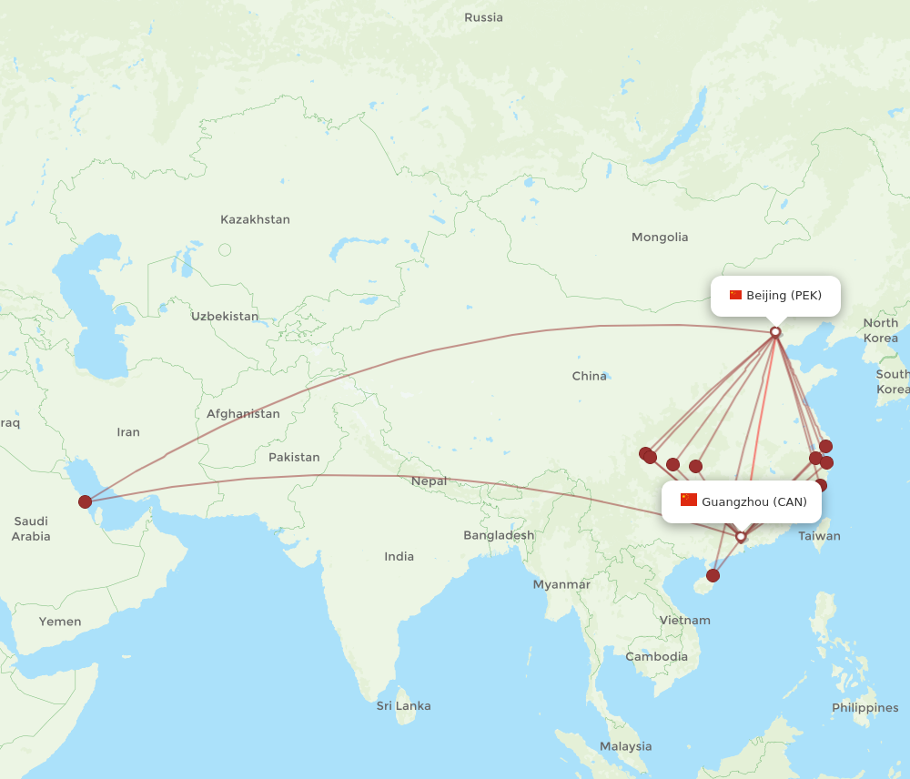 PEK to CAN flights and routes map