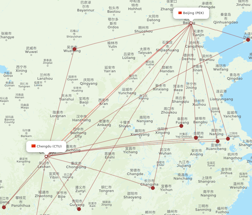 PEK to CTU flights and routes map