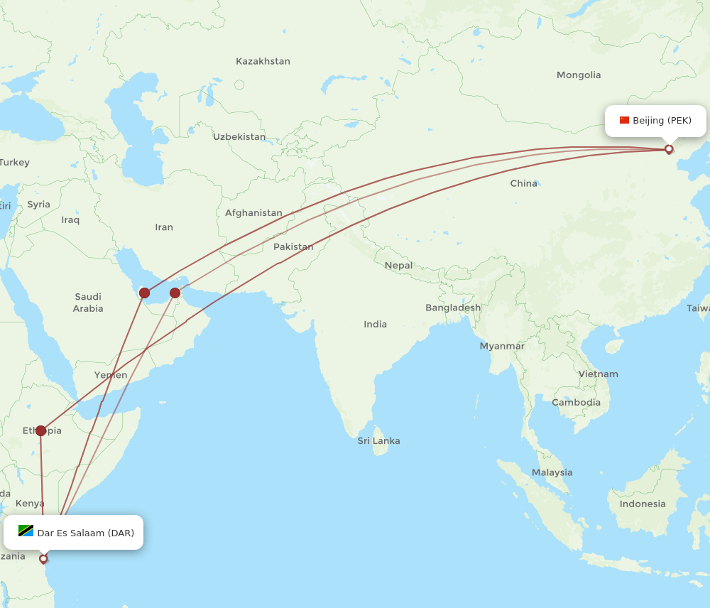 PEK to DAR flights and routes map