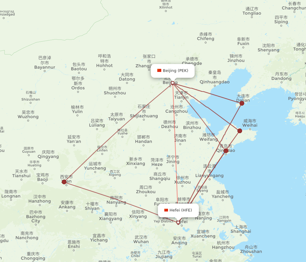 PEK-HFE flight routes