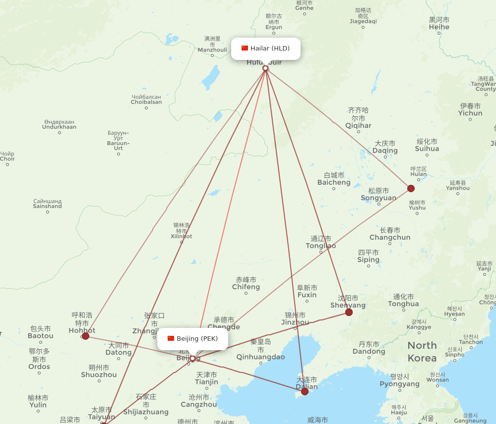 PEK-HLD flight routes