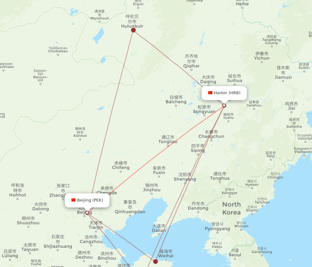 PEK to HRB flights and routes map