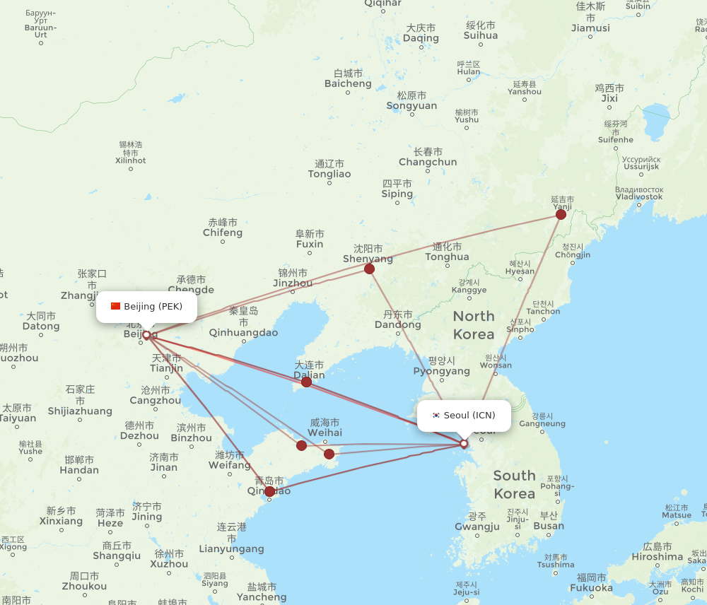 PEK to ICN flights and routes map