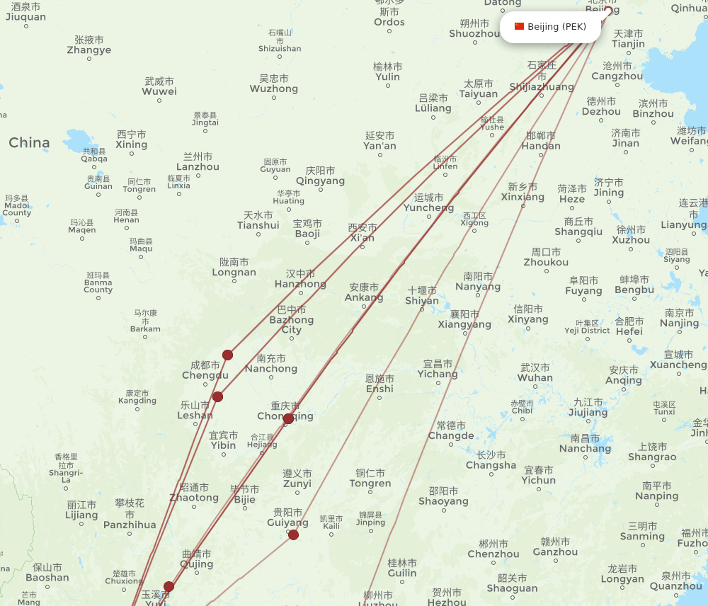 PEK-JHG flight routes