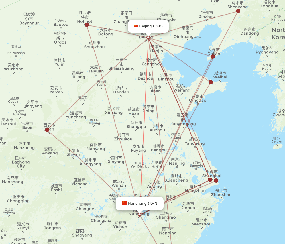 PEK-KHN flight routes