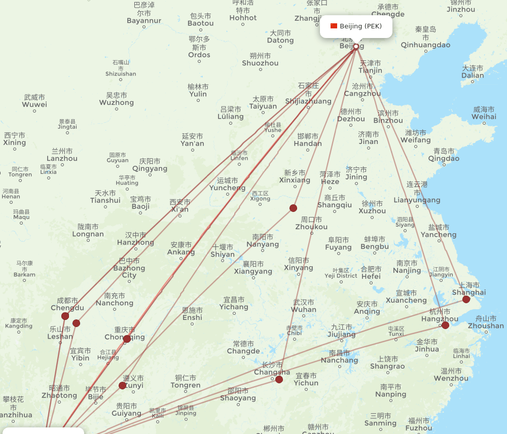PEK to KMG flights and routes map