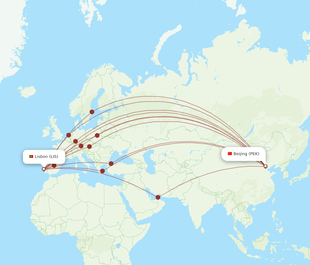 PEK to LIS flights and routes map