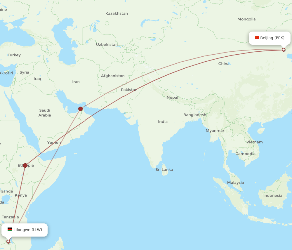 Lilongwe - Beijing route map and flight paths